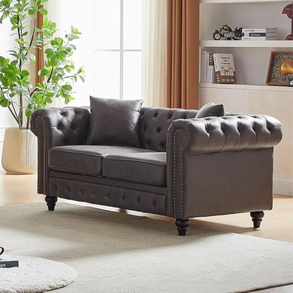 Rolled Arm Sofa with Nailhead Trim and 2 Pillows
