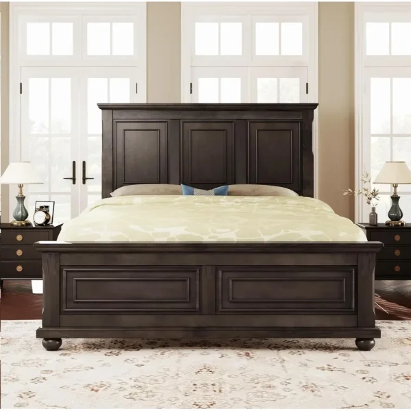 Platform Bed with Tall Headboard & Footboard, Pinewood