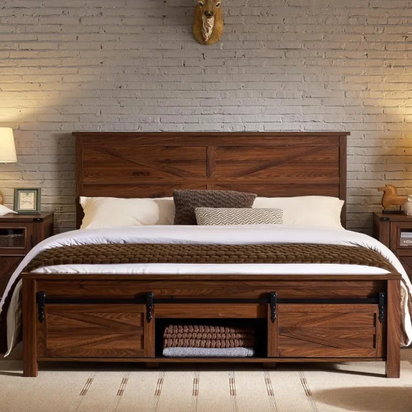 Farmhouse Solid Wood Bed Frame with Sliding Barn Door Storage Cabinets