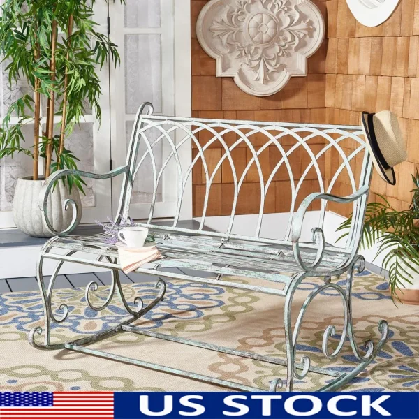 Rustic Outdoor Wrought Iron Rocking Bench