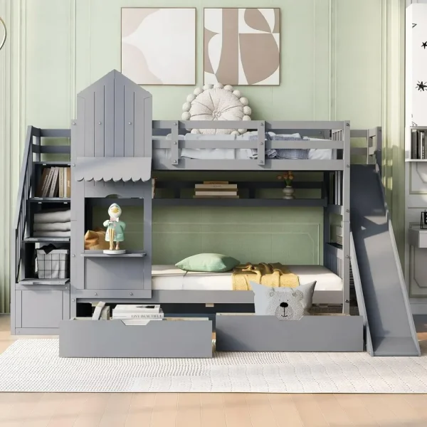 Wood Twin Over Twin Bunk Bed with Storage Drawers and Shelves