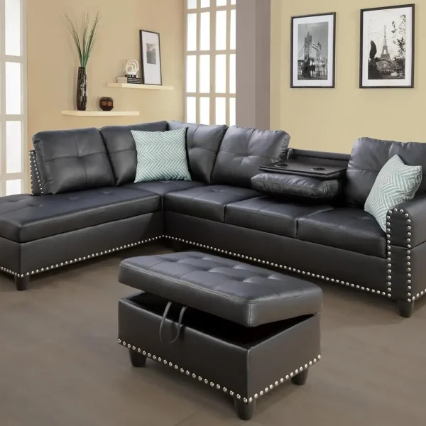 Sectional Sofa with Chaise Lounge, Ottoman & 2 Pillows