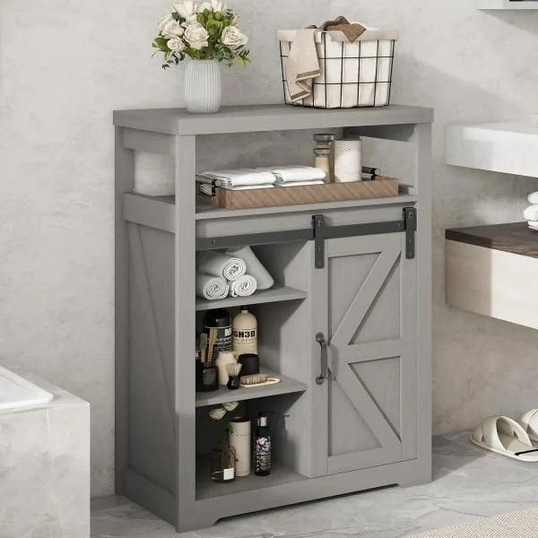Farmhouse Wood Bathroom Floor Cabinet with Sliding Door