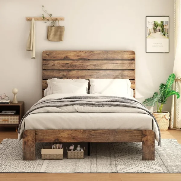 Rustic Wood Platform Bed Frame with High Headboard