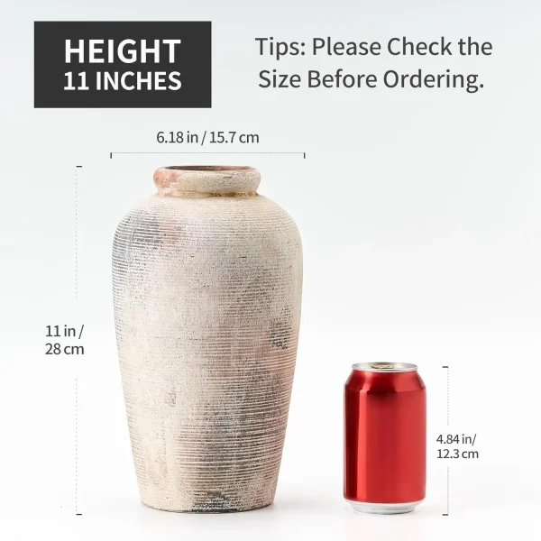 Large Ceramic Rustic Vase,11 inch Farmhouse Tall Vase , Gray ﻿