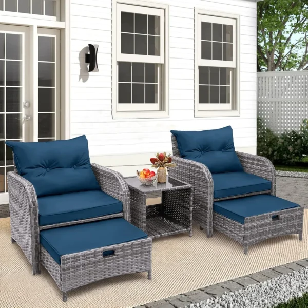 5 Pieces Wicker Outdoor Chairs Set with Ottoman