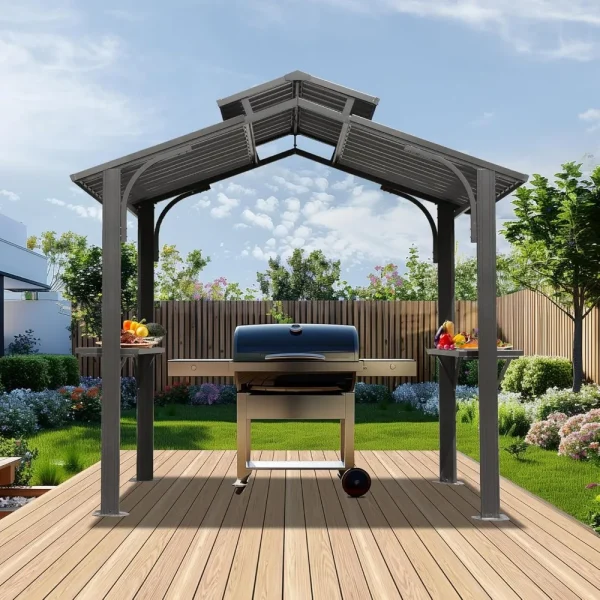 8x5FT Hardtop Grill Gazebo with 2 Side Shelves and Ceiling Hooks