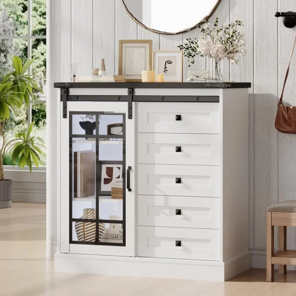 Farmhouse/Rustic 6 Drawer Dresser with Slide Glass Door