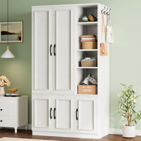5 Doors  Wooden Armoire with 4 Storage Shelves and Hanging Rod