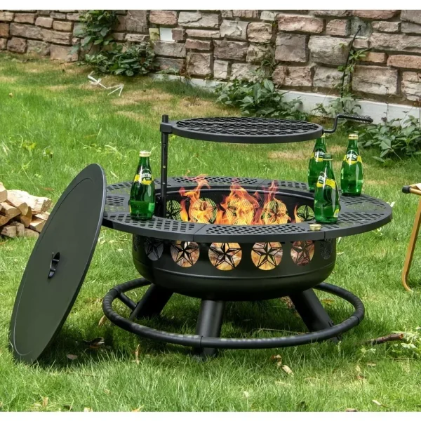 36 Inch Wood Burning  Fire Pit with Cooking Grill with Lid