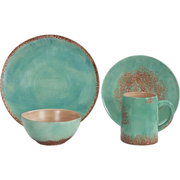 Patina Turquoise 16 Piece Ceramic Southwestern Rustic  Dinnerware Set with Plates, Bowls and Mugs