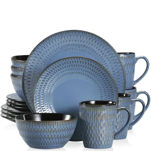 Blue Embossed Stoneware Tableware Set  Service for 4