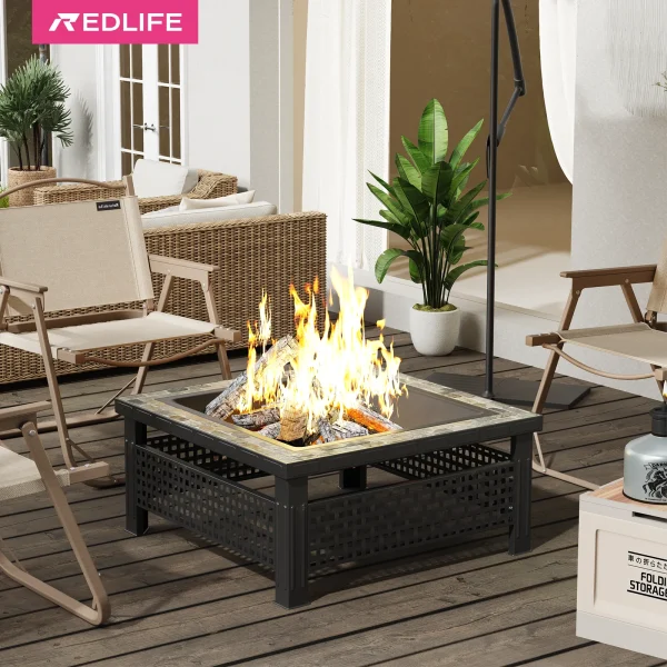 30 Inch Square Fire Pit w/ Mesh Lid & Fire Poker