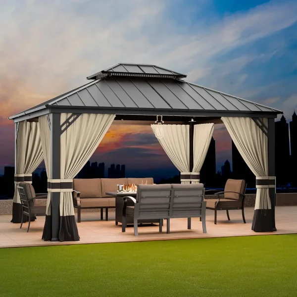 12'x14' Hardtop Gazebo, Netting & Curtains, Brown