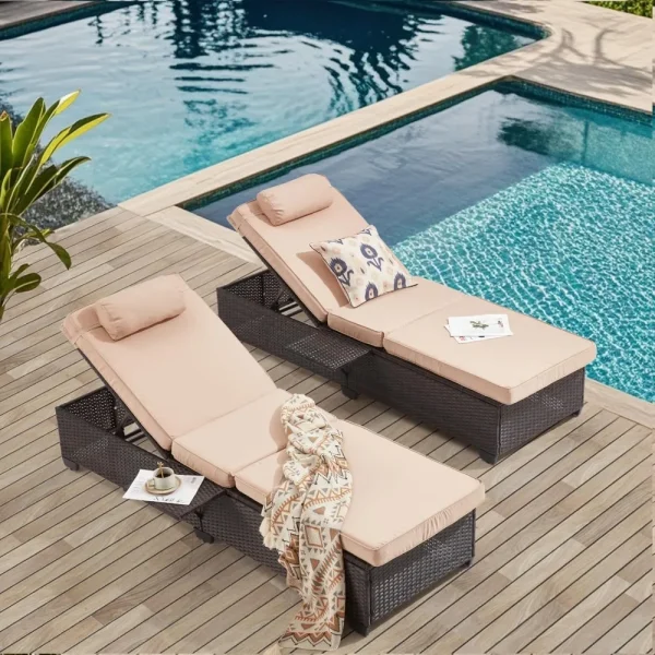 Set of 2, Outdoor Chaise Lounges with Adjustable Backrest & Cup Holder