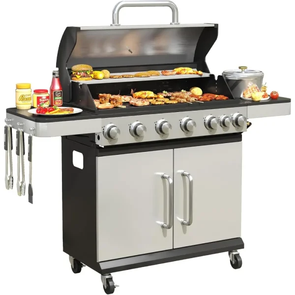6-Burner Propane BBQ Grill with Side Burner and Porcelain-Enameled Cast Iron Grates, 65500 BTU Output