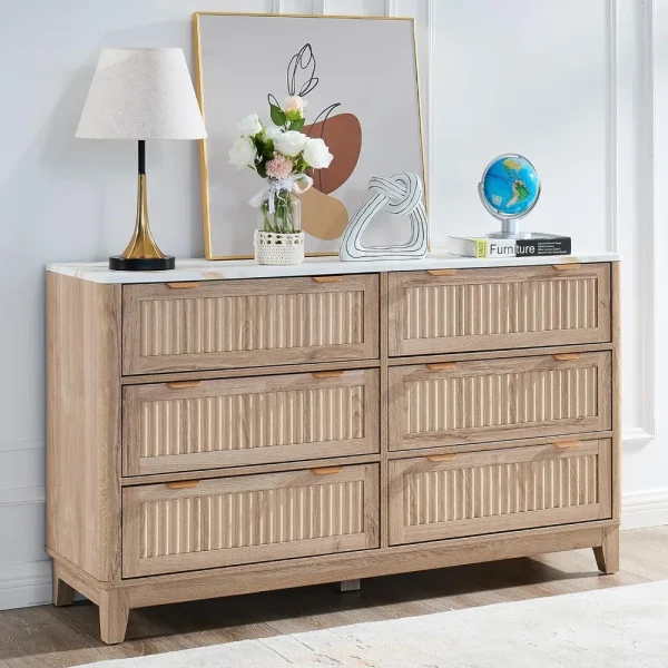 Farmhouse 6 Drawers Wood Dresser with Faux Marble Top