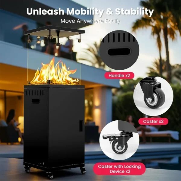 Outdoor  41,000 BTU Propane Patio Heater with Lockable Wheels and Tempered Glass
