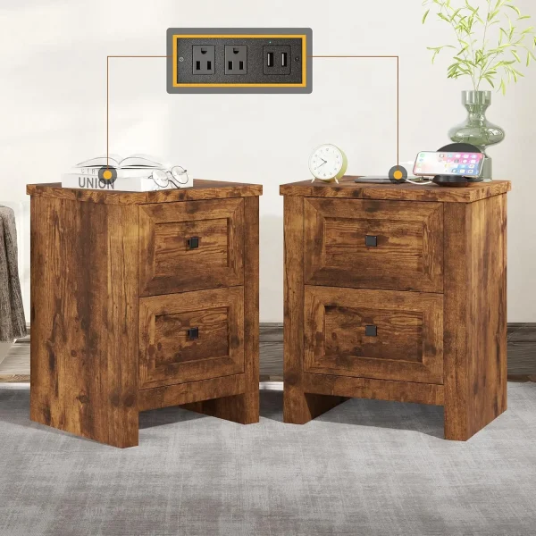 Farmhouse/Rustic Wood Nightstand Set of 2 with Charging Station