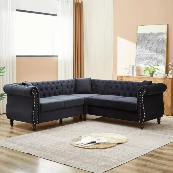 Oversized L-Shaped Corner Velvet Sectional With Solid Wood Frame and Sturdy Wood Legs