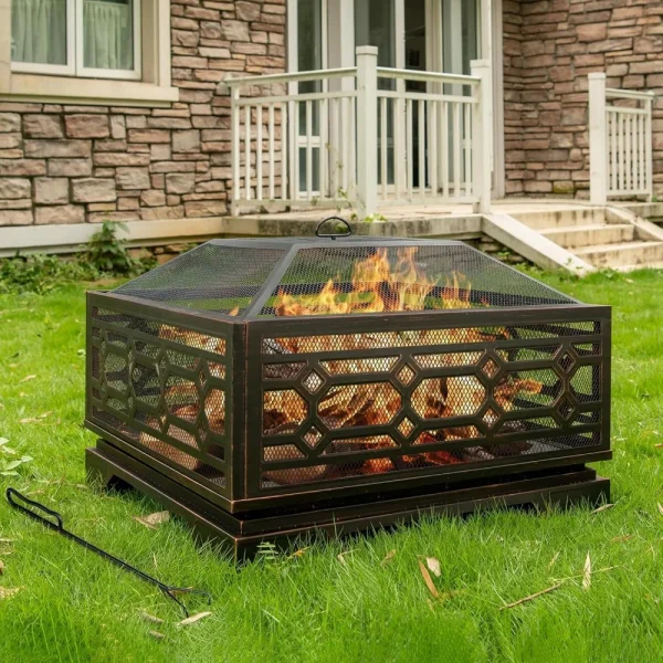 Outdoor 32 Inch Metal Wood Burning Firepit with Mesh Cover & Fire Poker