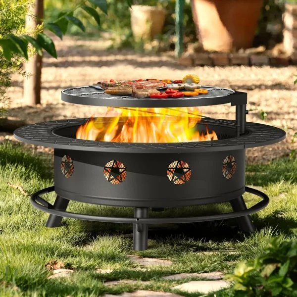 43 Inch Wood Burning Fire Pit with BBQ Grill, Lid & Poker
