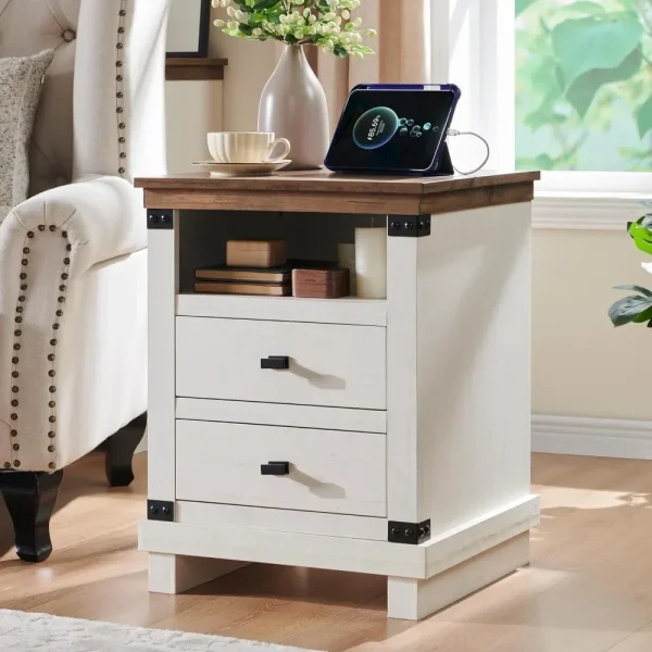 Farmhouse/Rustic Wood Nightstand with Charging Station