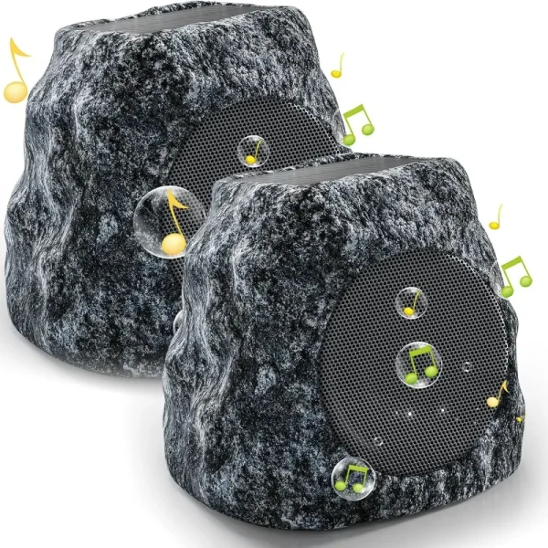 Outdoor Rock Speaker 60W Deep Bass Multi-Sync up to 100 Speakers Auto-Pairing, Waterproof Solar-Powered Bluetooth