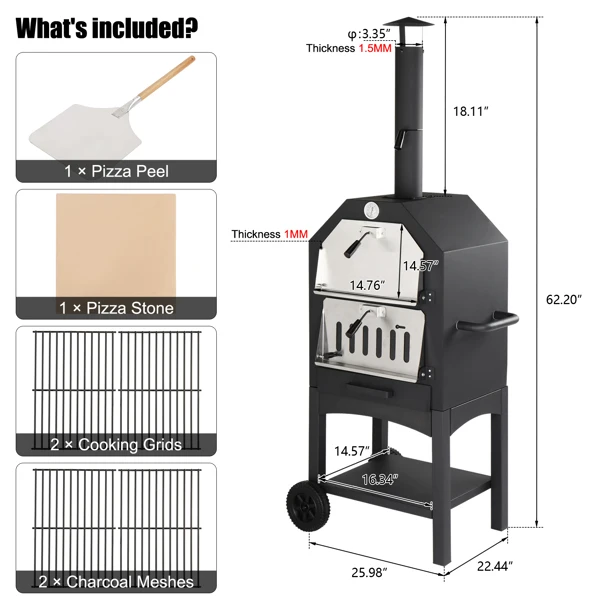 Wood Fired Pizza Oven with Pizza Stone, Grill Rack