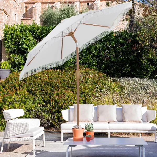 7.5 ft Fringe Patio Umbrella with Push Button Tilt and Crank (White)