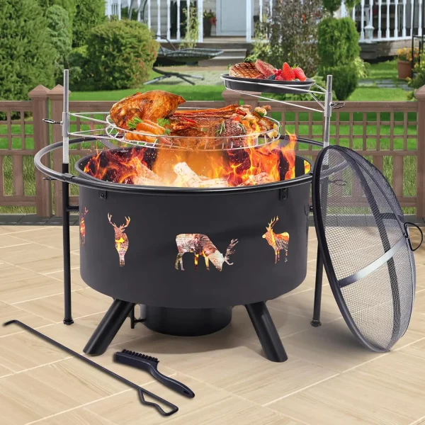 Outdoor 32 Inch Wood Burning Fire Pit with Cooking Grate, Lid, Poker and Round Waterproof Cover
