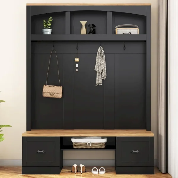 Farmhouse Hall Tree with Wood Grain Bench and Top