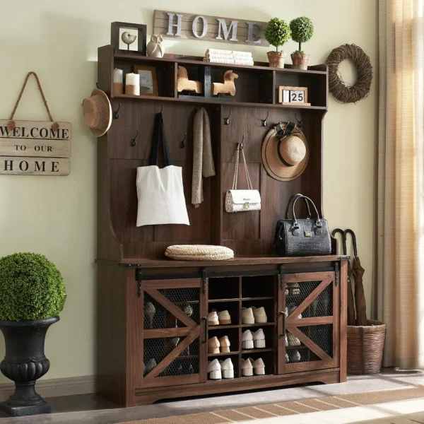 Farmhouse Entryway Bench with Coat Rack