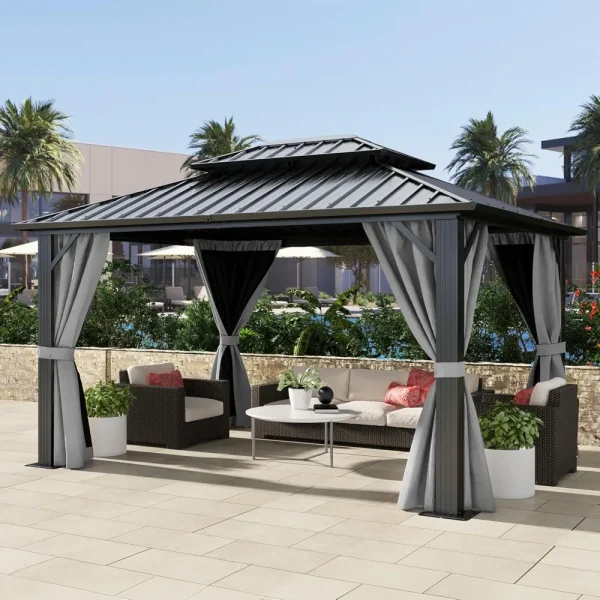 10x12ft Hardtop Double Roof Gazebo with Nettings and Curtains