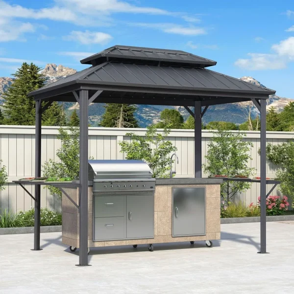 6' X 9' Hardtop Grill Gazebo with Metal Double Roof with Ceiling Hook and Shelves