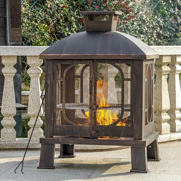 Metal  Wood Burning Chiminea Fire Pit with Grill