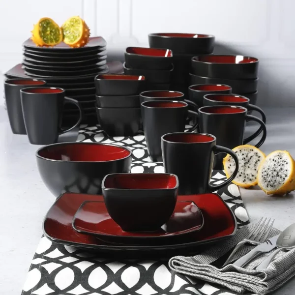 Square Stoneware Dinnerware Set, Service for 8 (40pc), Red/Black