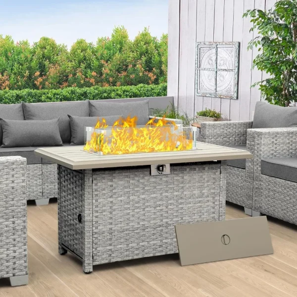 Wicker Propane Fire Pit, with Glass Wind Guard and Waterproof Cover