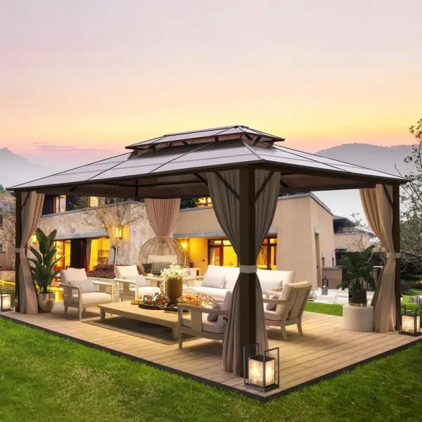 10'x13' Hardtop Double Roof Permanent Gazebo with Curtains and Netting