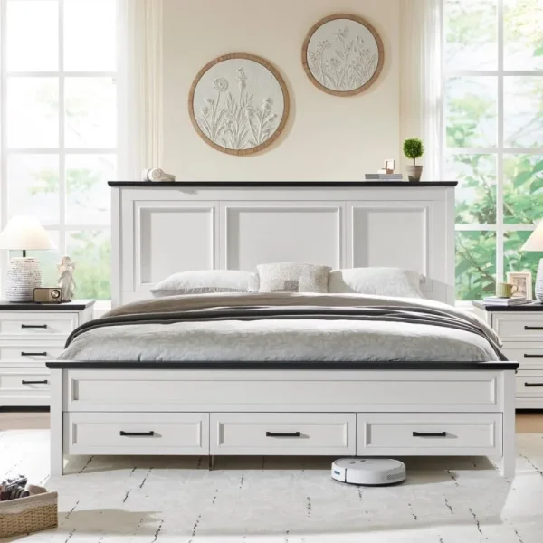 Farmhouse King Size Bed Frame with 52" Tall Full-Panel Headboard