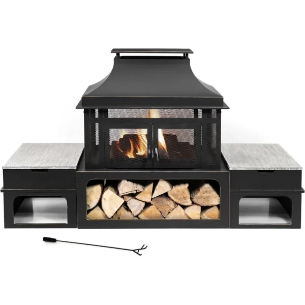 80-Inch Metal Wood Burner Fireplace with Side Storage Tables