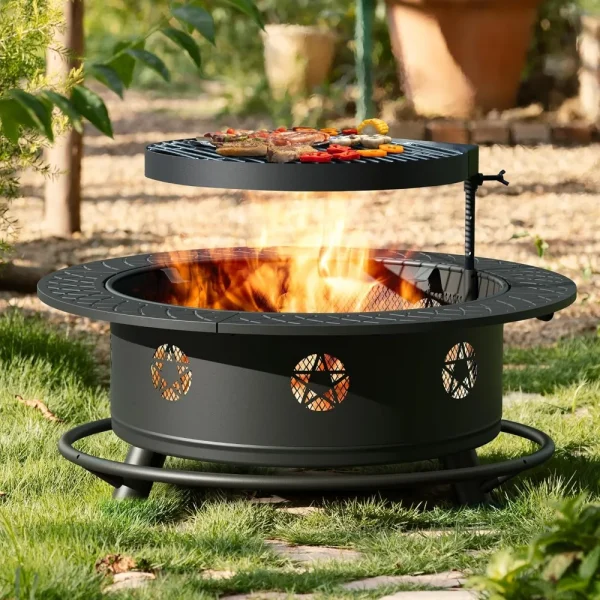 35 Inch Wood Burning Fire Pit with BBQ Grill