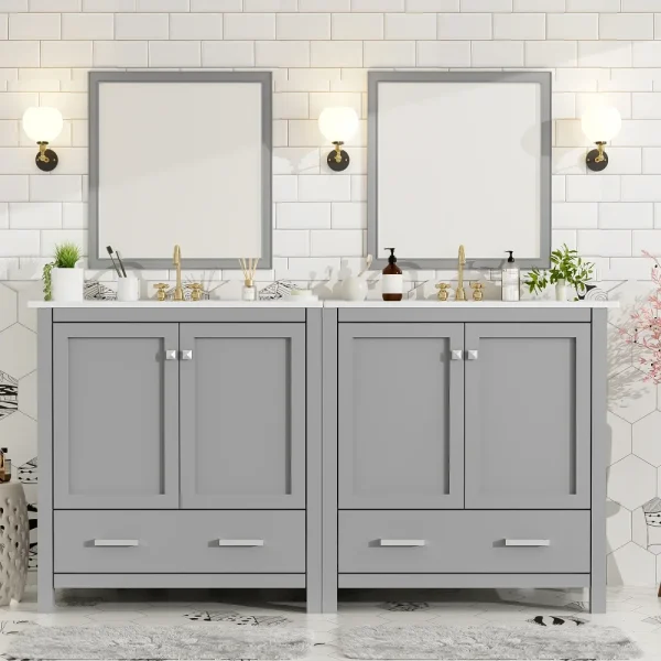 60" Grey Bathroom Vanity Set With Double Vanities  Double Ceramic Sinks