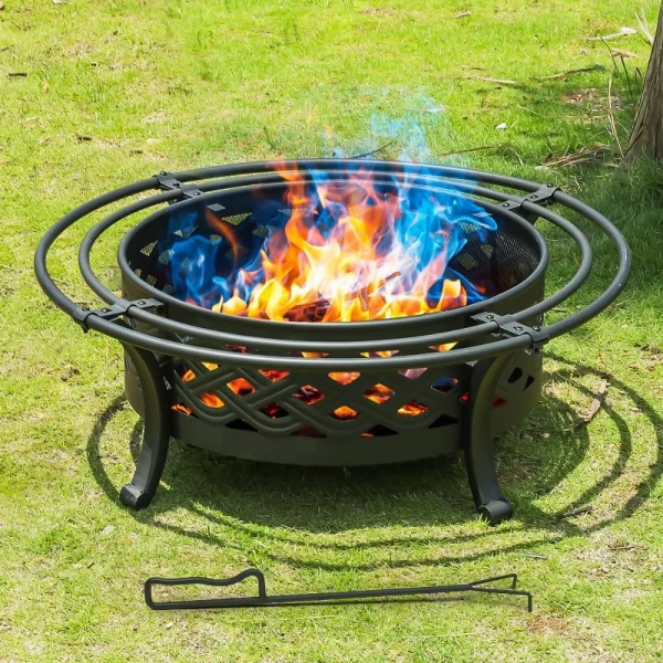 42 Inch Outdoor Wood Burning Fire Pit with Spark Screen, Fire Poker
