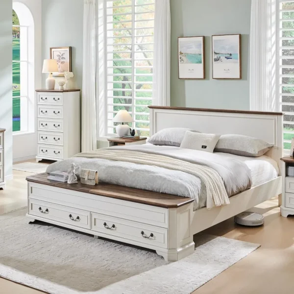 Farmhouse Queen Bed with Headboard and Storage Bench