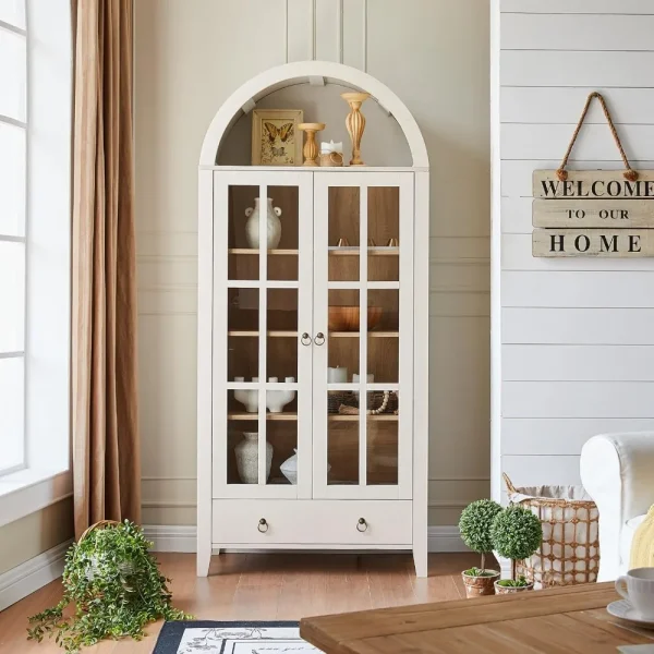 71 Inch Farmhouse Arched Cabinet with Glass Doors