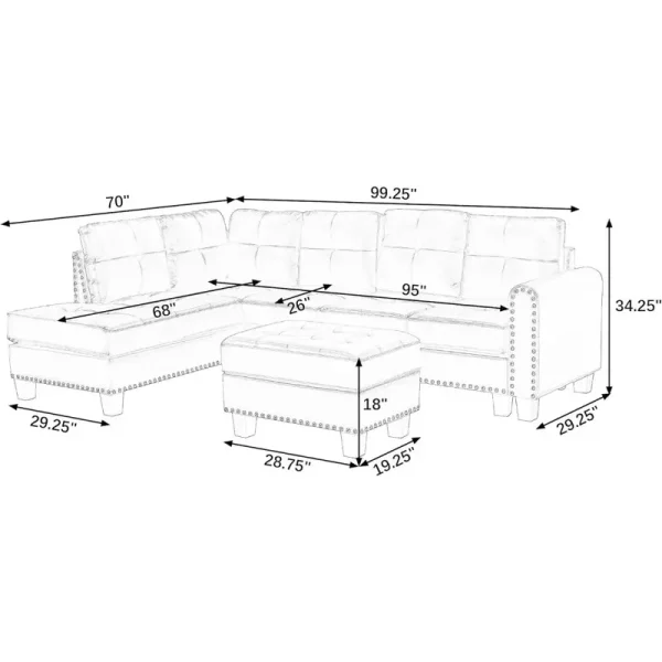 Reversible Faux Leather  L-Shaped Sectional Sofa with Storage Ottoman