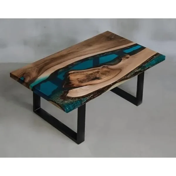 Rustic Walnut Live Edge Coffee Table with Blue Epoxy River Design, 32 x 20 in