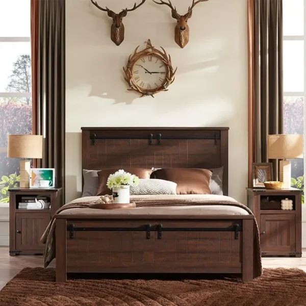 Farmhouse Full Size Wood Bed Frame with 47" Headboard