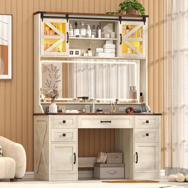 75.2" Farmhouse Vanity Desk with Mirror and Lights